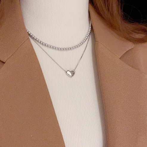 Heart and Pearl Double Chain Necklace