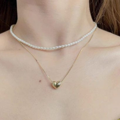 Heart and Pearl Double Chain Necklace