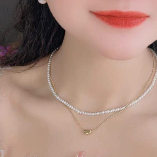 Heart and Pearl Double Chain Necklace
