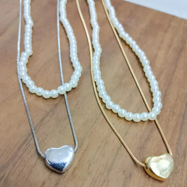 Heart and Pearl Double Chain Necklace