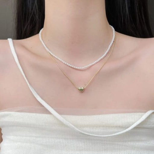 Heart and Pearl Double Chain Necklace