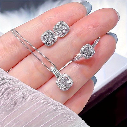 3 Pcs Silver Plated Square Crystal Set