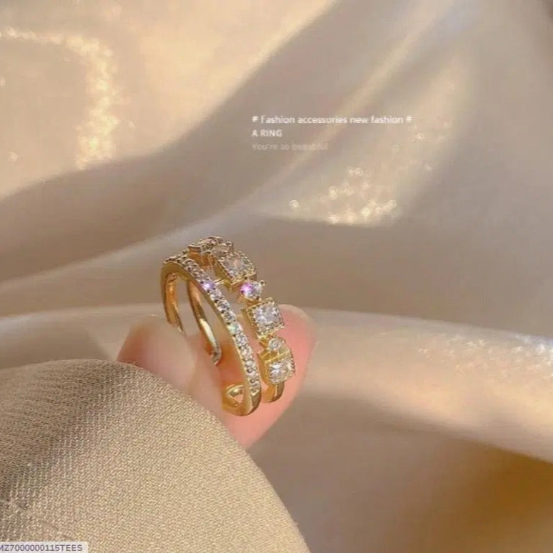 Luxurious Gold Plated Adjustable Ring with Faux Diamond Stones